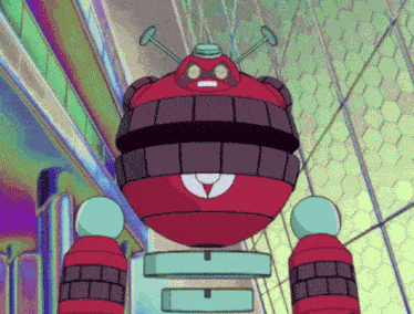a cartoon drawing of a red robot with the letter h on it 's chest