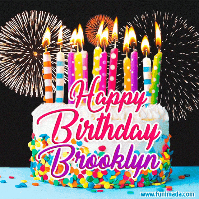 a birthday cake with candles and fireworks behind it that says happy birthday brooklyn