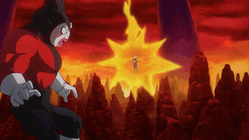 a cartoon of a man in a red shirt standing in front of a yellow explosion