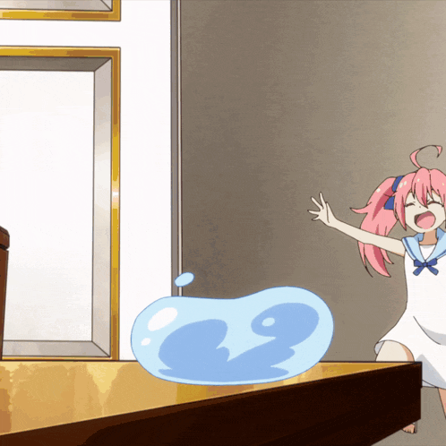 a girl with pink hair is standing next to a blue blob with a s on it