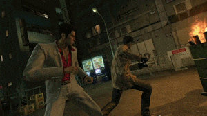 a man in a suit is fighting another man in front of a dumpster that says no entry