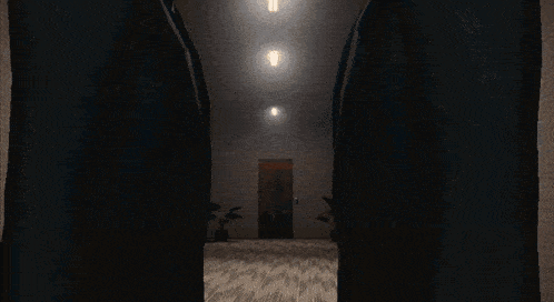 a dark hallway with a door and a plant on the floor