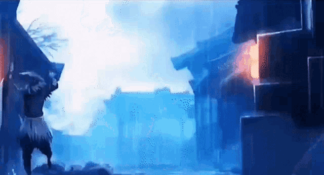 a man is standing in front of a building with a blue light coming out of it .