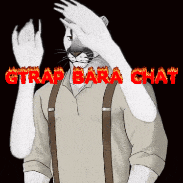 a cartoon of a man with a cat on his head and the words trap bara chat behind him