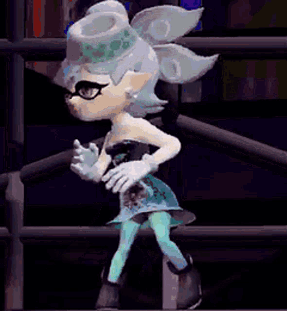 a cartoon character is standing on a stage wearing a hat and a blue dress .