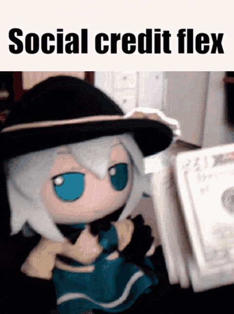 a picture of a stuffed doll with the words social credit flex on it