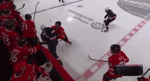a hockey game is being played in front of a quickbooks advertisement
