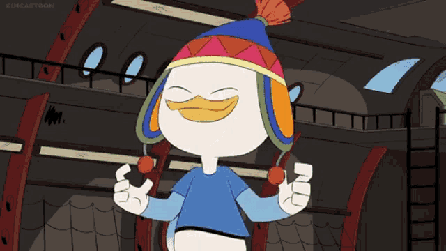 a cartoon character is wearing a blue shirt and a colorful hat