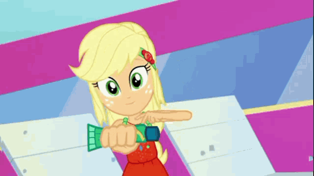 applejack from my little pony equestria girls is wearing a red dress
