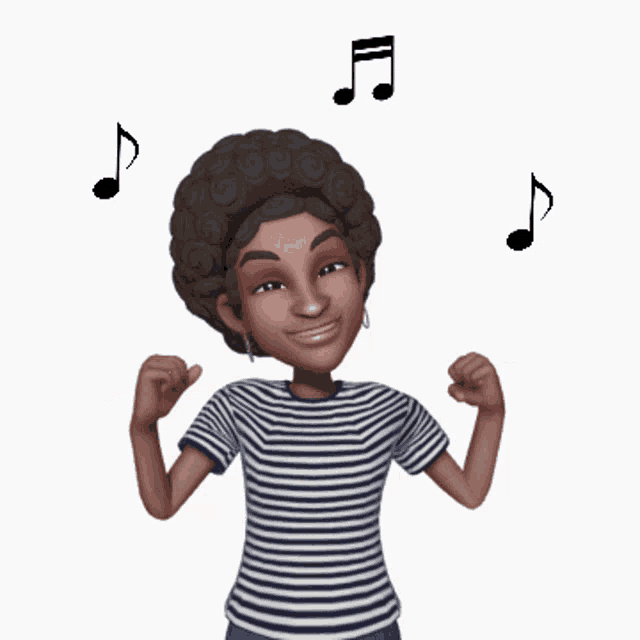 a woman in a striped shirt is dancing with music notes flying around her head