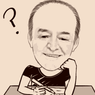 a cartoon of a man sitting at a table with a question mark on his head .