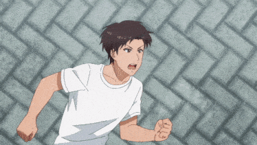 a man in a white shirt is running on a brick wall