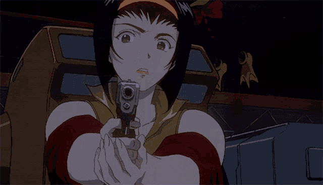 a woman holding a gun with the word cowboy bebop written on it