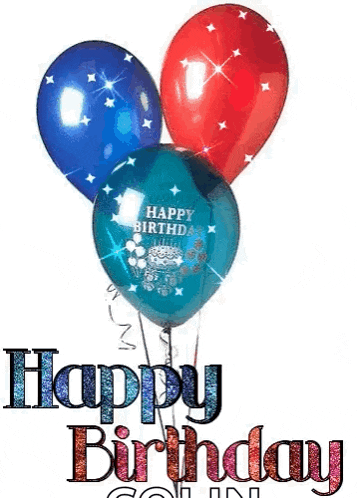 three balloons with the words `` happy birthday '' written on them are flying in the air .