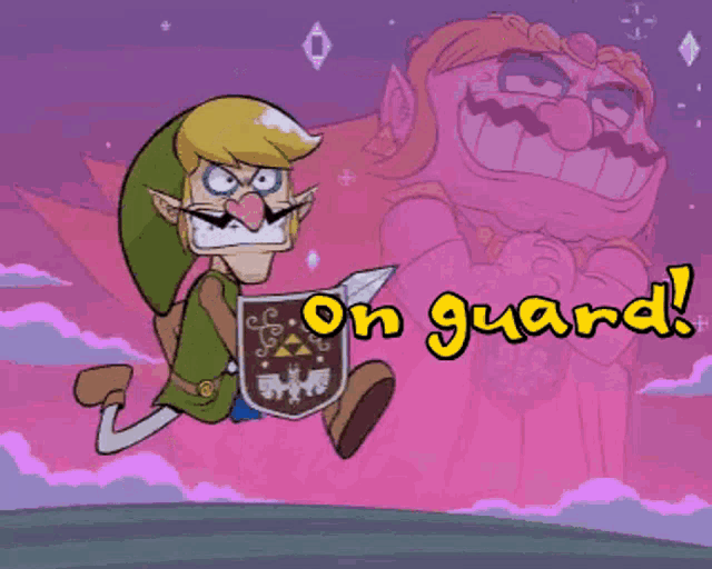 a cartoon of link holding a shield with the words on guard
