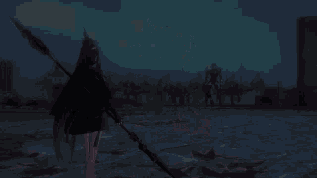 a girl holding a spear in front of a group of soldiers