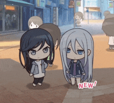 two anime girls are standing on a sidewalk with a new sticker on the bottom
