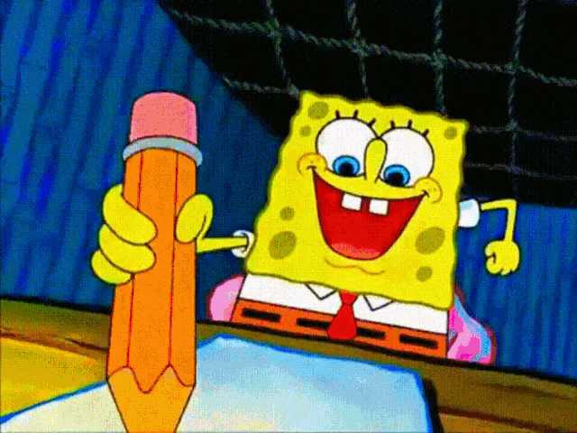 a cartoon of spongebob holding a large orange pencil