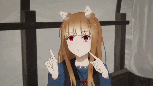 a girl with cat ears and red eyes is pointing her finger up .