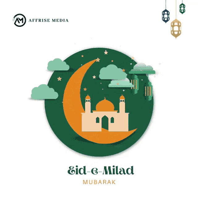 an illustration of a mosque and a crescent moon with the words eid-e-milad mubarak