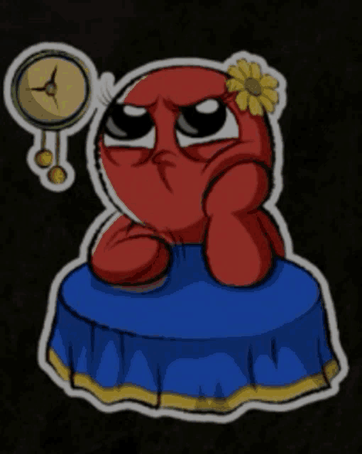 a sticker of a red cartoon character with a flower in his hair and a clock above his head