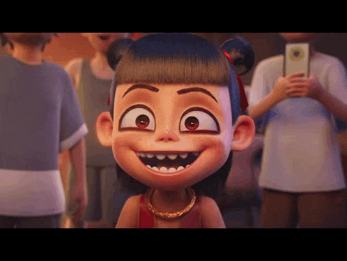 a cartoon girl is making a funny face while standing in a crowd .