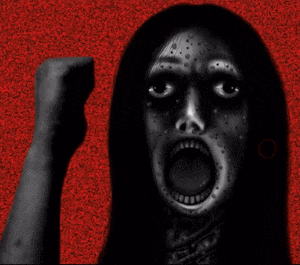 a black and white drawing of a woman screaming with her mouth open