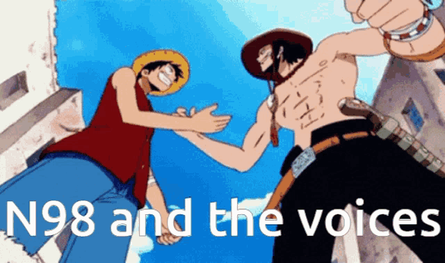 a picture of luffy and ace with the words n98 and the voices