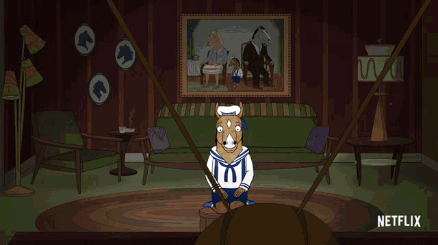 a cartoon of a horse in a living room with a netflix logo