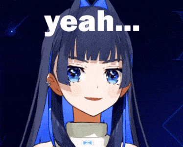 a blue haired anime girl with the words yeah written on her face