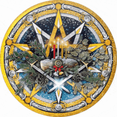 a circle with a star and candles in the center