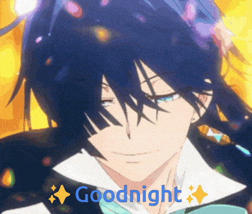 a picture of a man with blue hair and the words goodnight below him