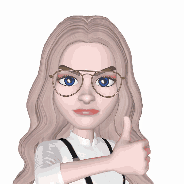 a cartoon girl wearing glasses and suspenders looks angry