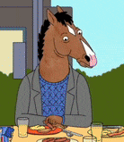 a cartoon character with a horse head is sitting at a table with a plate of food .