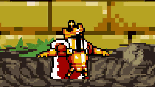 a pixel art drawing of a knight with a crown