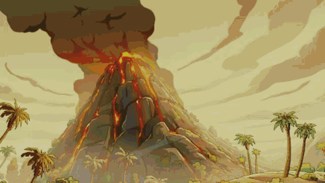 a cartoon of a dinosaur flying in front of a volcano with palm trees