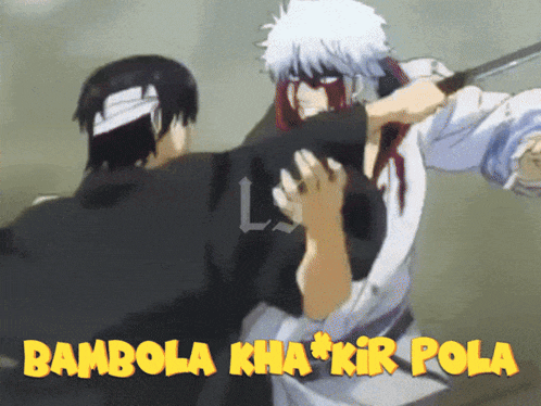 a cartoon of a man holding another man 's arm with the words bambola khakir pola on the bottom