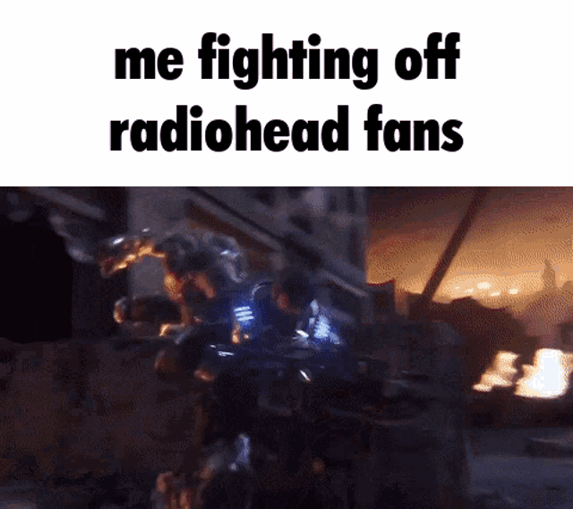 a cartoon of a man fighting off radiohead fans