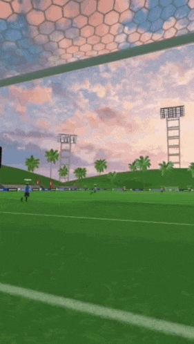 a soccer game is being played in a stadium with a sunset in the background