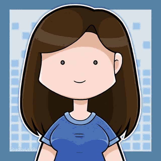 a cartoon drawing of a woman with long brown hair and a blue shirt