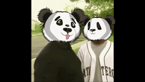 two panda bears are standing next to each other with one wearing a shirt that says terr