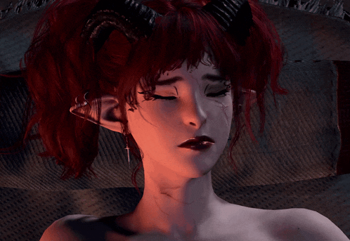 a close up of a woman 's face with horns on her head