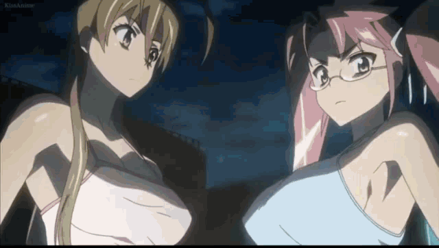 two anime girls are standing next to each other with their breasts visible