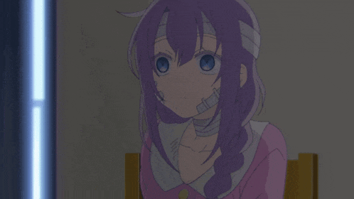 a girl with purple hair and a bandage on her head sits in a chair