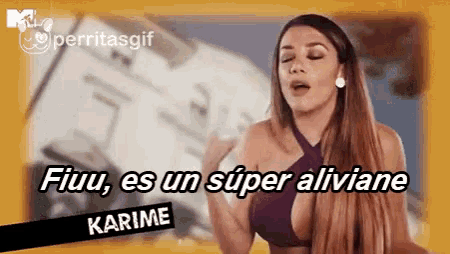 a woman in a bikini says " fluu es un super aliviane karime "