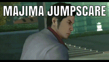 a man in a suit and red tie is standing in front of a building with the words majima jumpscare written above him .