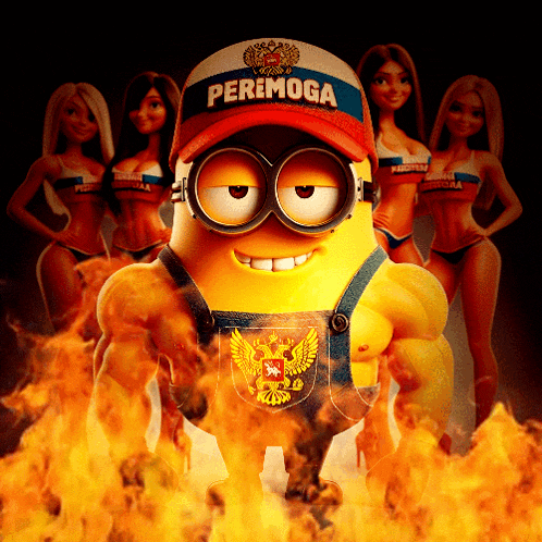a minion wearing a peremoga hat stands in front of a group of bikini girls