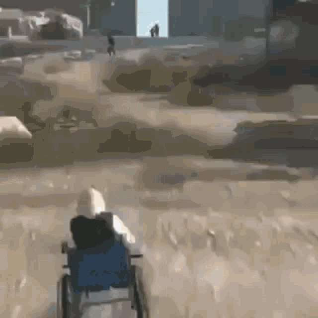 a person in a wheelchair is walking through a field .