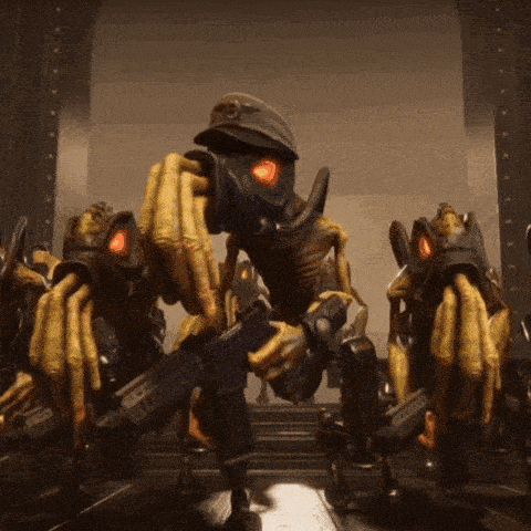 a group of monsters with guns are gathered in a room