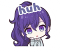 a cartoon girl with purple hair and a ponytail has the word huh written on her head .